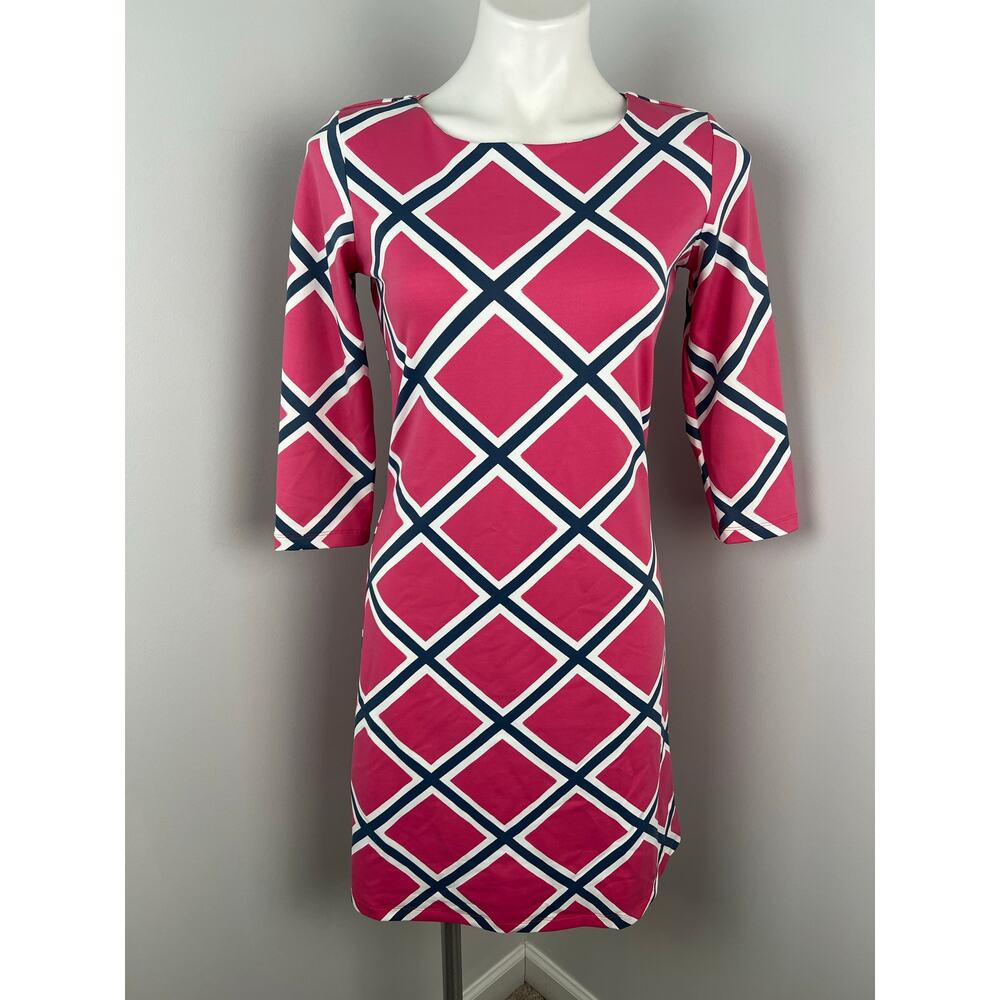 Mahi Gold Pink Blue 3/4 Sleeve Length Dress Vacation Beach Resortwear Small
